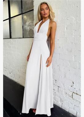 #281 MSRP $50 NWOT GOKATOSAU WHITE HALTER PLUNGING NECK HIGH SLIT MAXI ♡SIZE L♡